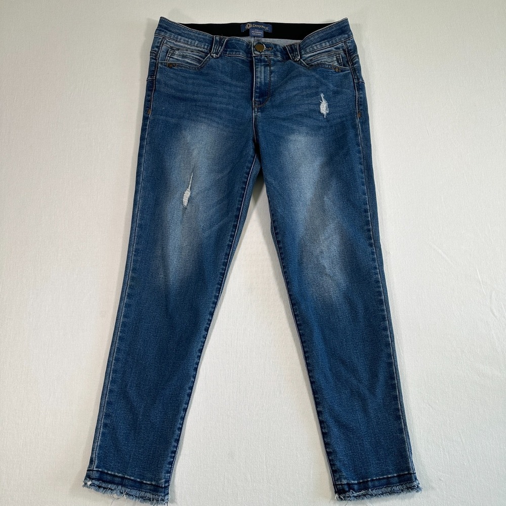 Democracy Ab Solution Pull On Cropped Jeans Size 10 Blue Dark Wash Distressed